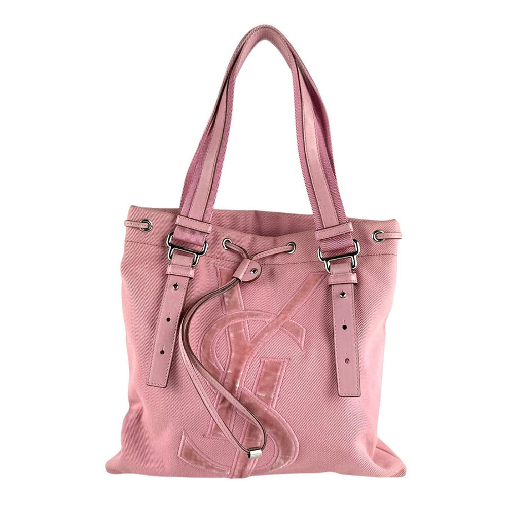Saint Laurent canvas tote bag dual leather handles gold YSL Pink